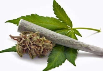 marijuana cigarette and green Leaf Isolated on white background