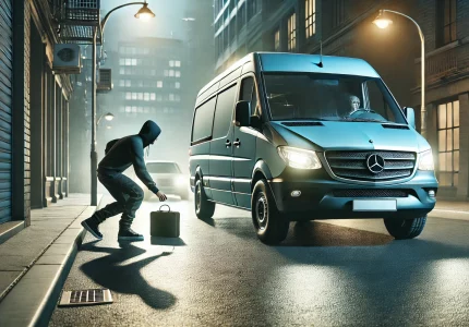 DALL·E 2024-07-19 17.39.05 - A scene showing a car thief in the act of stealing a silver Mercedes Sprinter van. The setting includes the van parked on a city street, with the thie